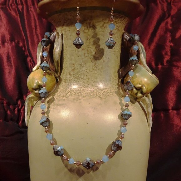 Handcrafted necklace-earring set with sky-blue Czech bicone beads - Picture 5 of 6